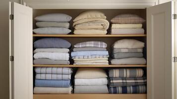 Shelves showcase neatly folded blankets and linens in harmonious colors, creating a tidy display. photo