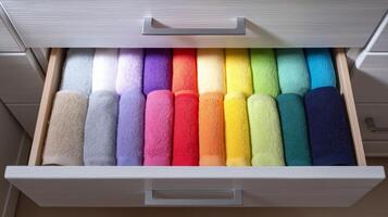 Soft, vibrant towels are neatly organized in a wooden drawer, creating an inviting atmosphere. photo