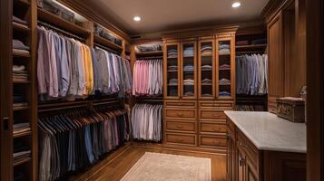 Stylish wooden wardrobe filled with neatly arranged shirts and accessories in a well-lit space. photo
