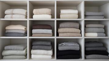 Soft blankets and towels are neatly stacked in a sleek shelf, showcasing various colors. photo
