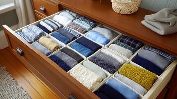 Organized dresser drawer with folded clothes in diverse colors and patterns promotes order. photo
