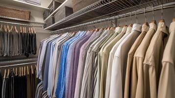 Closet displays neatly hung shirts and trousers arranged by color, promoting organization and style. photo