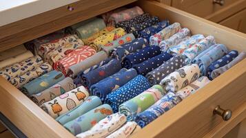 A wooden drawer showcases rolled fabric pieces in various colors and patterns, neatly arranged. photo
