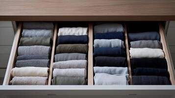 Drawer filled with neatly folded clothes in multiple colors, demonstrating effective organization. photo