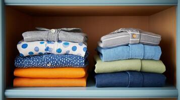 Colorful shirts are neatly folded and arranged on a shelf, showcasing organization and style. photo