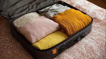 Neatly folded sweaters and garments are organized inside an open suitcase, ready for travel. photo