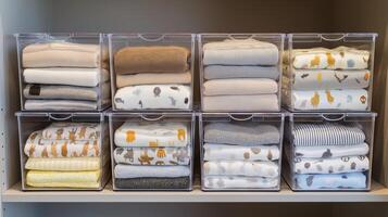 Soft blankets are folded and arranged in clear containers on a shelf, creating a tidy display. photo
