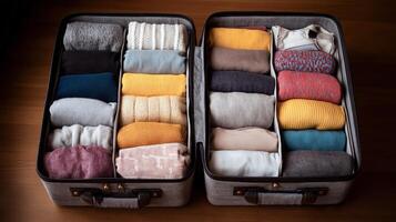Neatly packed suitcase displaying a variety of folded clothing items in organized sections. photo