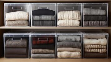 Soft, luxurious blankets are stored in clear boxes, creating a tidy and inviting atmosphere. photo