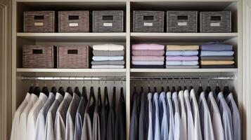 A tidy closet features neatly folded shirts and organized storage bins in a stylish setting. photo