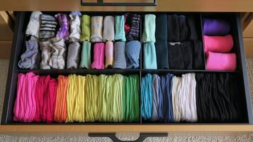 A drawer showcases an array of neatly folded socks and colorful garments, sorted by color. photo