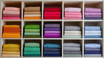 Vibrant soft towels are neatly arranged in a spacious storage unit. photo