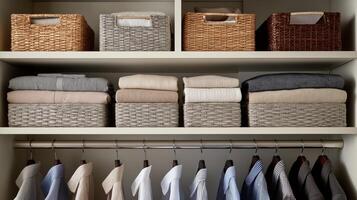 Shelves display neatly folded clothing and decorative baskets for organized storage solutions. photo