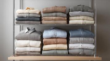 Neatly stacked sweaters in different shades on open storage shelves create a cozy atmosphere. photo