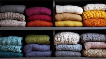Soft, colorful sweaters are neatly arranged on shelves, displaying a variety of textures and hues. photo