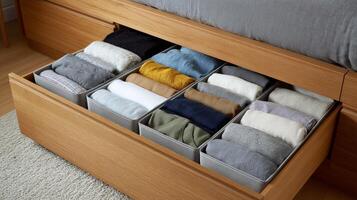 Clothes are neatly folded and stored in labeled bins within a wooden drawer under a bed. photo