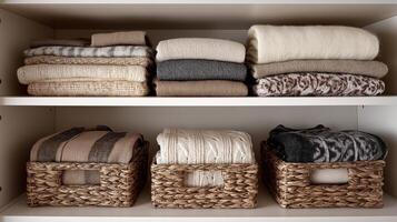 Warm and inviting shelves showcase neatly folded sweaters and blankets in decorative baskets. photo