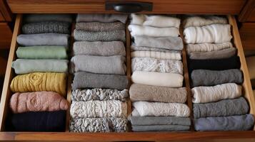 Sweaters and shirts are neatly arranged in a wooden drawer, displaying organized colors. photo
