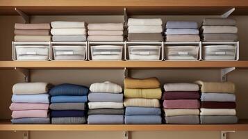 Soft, neutral-toned clothing is neatly folded and arranged on wooden shelves with storage bins. photo