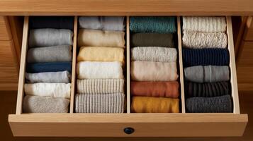 Organized drawer with folded clothing in various colors and fabrics for easy access. photo