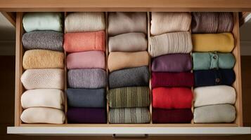 Neatly folded sweaters in varied colors and textures are arranged in an organized drawer. photo