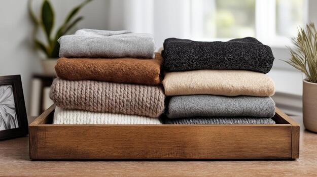 Soft sweaters in various colors stacked in a wooden tray, creating a cozy and inviting atmosphere. photo