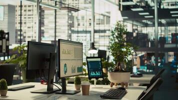 Tablet and PC on desk displaying financial graphs of company profits performance metrics. Data analytics on device display showing corporate business earnings KPIs. panning shot video