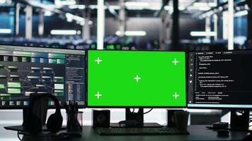 Mockup computers in data center facility manage supercomputers hardware energy consumption through node tree software. Green screen PCs automate server farm processes using visual programming tool video