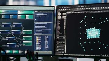 Data center computer systems controlling network resources through AI visualization dashboards and node tree programming software that maps infrastructure connections, close up shot video