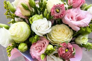 Prairie gentian, bouquet of assorted flowers in soft colors arranged for a special occasion photo