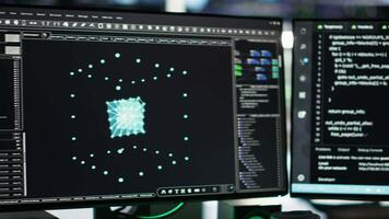 Server farm computer systems controlling network resources through node tree programming software. Visual programming tools on PC screens enabling streamlined data processing, close up video