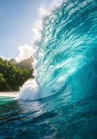 Turquoise wave breaking near a tropical island with lush vegetation, creating a dynamic scene of ocean energy and coastal beauty. photo