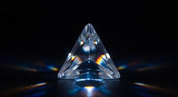 A clear, triangular prism rests on a black surface, scattering light and creating rainbow reflections. photo