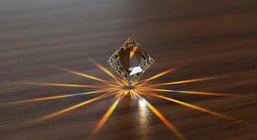 Sparkling crystal reflects light on a wooden surface, creating rainbow color streaks and a sense of purity and brilliance. photo