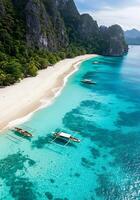 Breathtaking tropical coastline with turquoise ocean, lush green islands, and a pristine white sand beach in a paradise destination photo