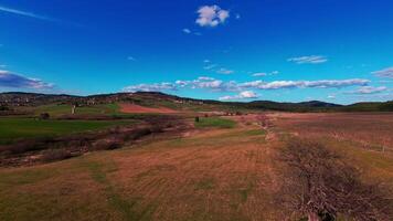 Vertical FPV drone view banking over vibrant green fields and rolling countryside under bright blue sky with scattered clouds. Scenic rural landscape, fast motion, dynamic aerial fpv drone video