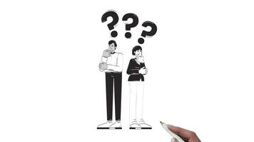 Looking for business solution hand drawn whiteboard sketch animation. Corporate dilemma doubts. Thoughtful businesspeople question marks animated handdrawn concept pencil drawing 4K video