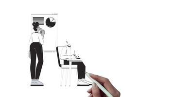 Diverse team analyzing business charts in office hand drawn whiteboard sketch animation. Collaborative strategy. Analysts brainstorming animated 2D outline characters handdrawn 4K pencil drawing video