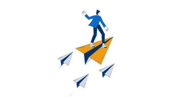 Visionary leader flying forward on paper plane hand drawn whiteboard animation. Business navigation. Strategic direction man moving ahead animated doodle handdrawn concept pencil drawing 4K video