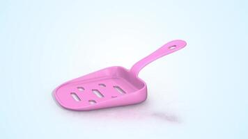 Litter Scoop on a Light Reflective Floor. Plastic Litter Scoop 3D Animation. 4K video