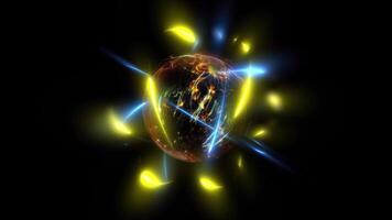 3D illustration of an atom in blue and gold showing the nucleus with protons and neutrons. video
