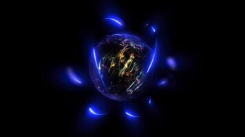 3D illustration of an atom in blue showing the nucleus with protons and neutrons. video