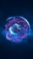 Glowing purple-blue particle sphere in space, surrounded by floating digital dots and light textures video