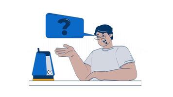AI voice assistant device doodle cartoon animation. Virtual helper. Arab man interacting with smart speaker technology animated 2D character isolated on white background. 4K motion graphic video