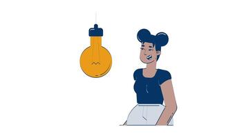 Clap to activate smart light bulb doodle animation. Gesture-based IoT control. Black woman with sound-responsive lightbulb animated 2D flat cartoon concept, white background. 4K motion graphic video