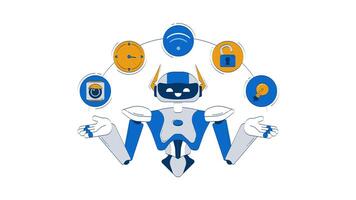 AI in smart home doodle animation. WiFi, fixtures, security, timer orchestration. AI assistant managing IoT automation animated 2D flat cartoon concept, white background. 4K motion graphic video