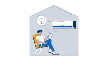 Smart home Wi-Fi air conditioner doodle animation. Indoor cooling IoT. Latino man controlling AC appliance via wifi tablet animated 2D flat cartoon concept, white background. 4K motion graphic video