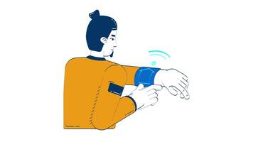 Smart home app for smartwatch doodle cartoon animation. Man interacting with wearable device on wrist, IoT remote control animated 2D character isolated on white background. 4K motion graphic video
