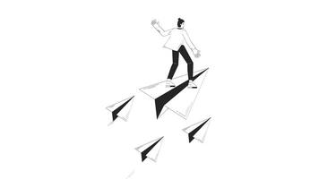 Visionary leader flying forward on paper plane hand drawn whiteboard sketch animation. Business navigation. Strategic direction man moving ahead animated handdrawn concept pencil drawing 4K video