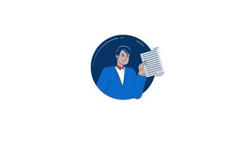 Young indian office worker presenting document hand drawn 2D character animation. Smiling business man proposal delivering animated person avatar handdrawn on white. Cartoon doodle 4K video